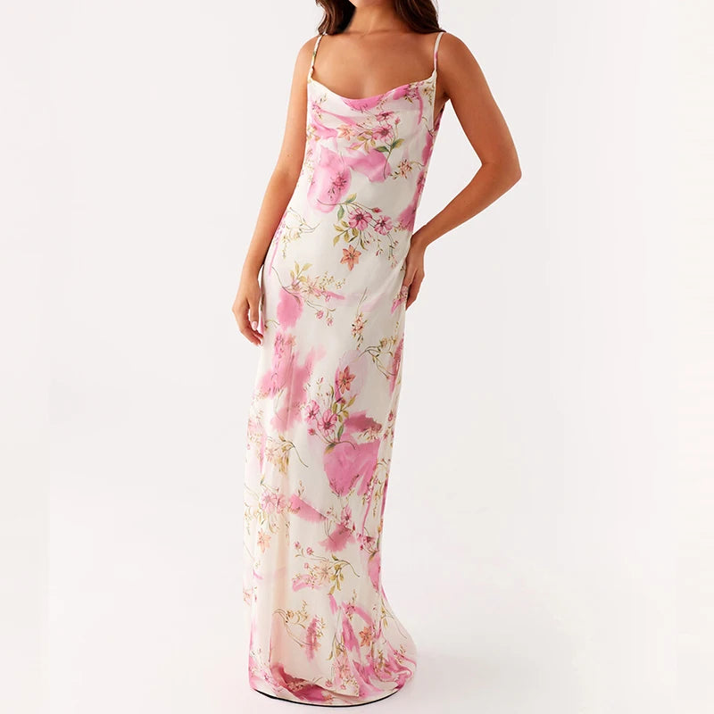 LIZAKOSHT  -  Floral Dress Women Spaghetti Strap Cowl Neck Backless Maxi Dresses Ladies Elegant Formal Long Dress Club Party Night