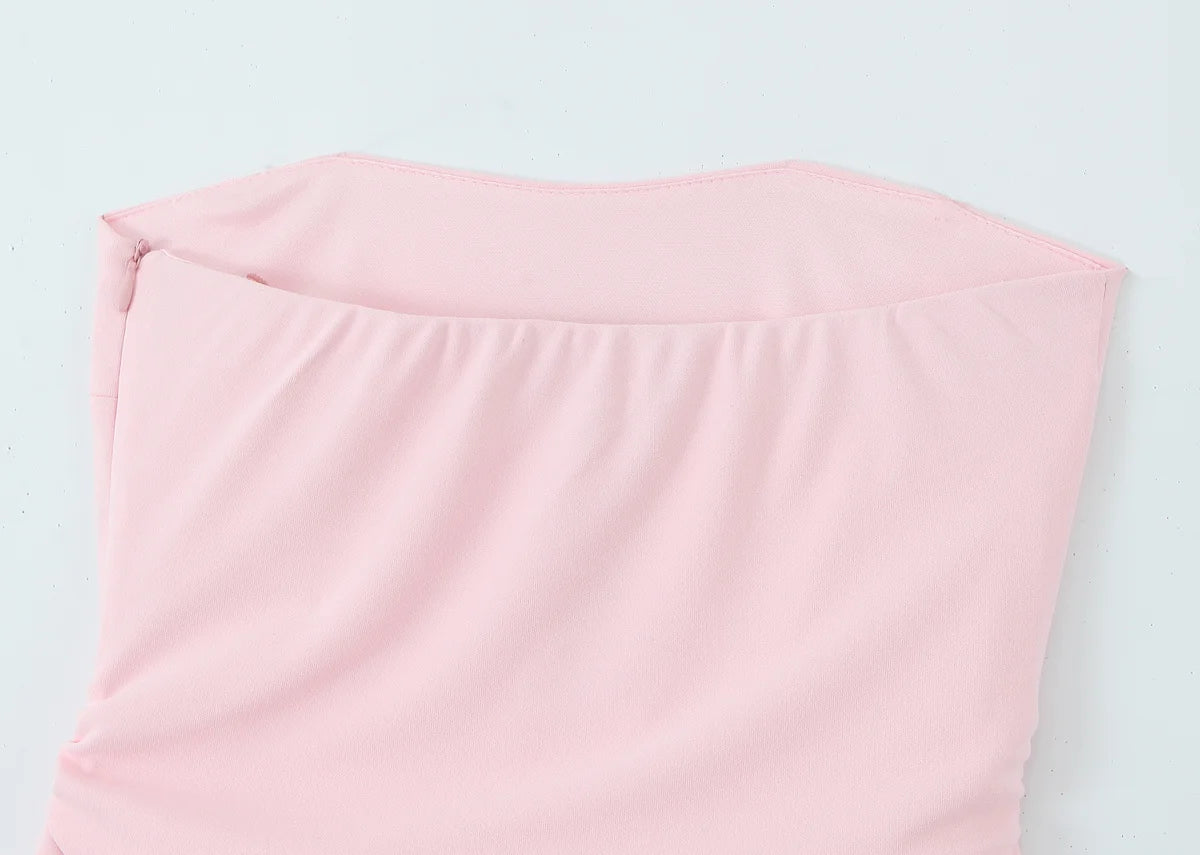 LIZAKOSHT  -  Elegant Ruched Strapless Dress Women Sexy Pastel Pink Off Shoulder Side Zipper Midi Dress 2025 New Summer Party Evening Dresses