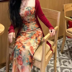 LIZAKOSHT  -  New Chinese Style Improved Vintage Print Dresses+ Y2k Mesh Long Sleeve Cardigan Tops Women Early Autum Two Piece Sets