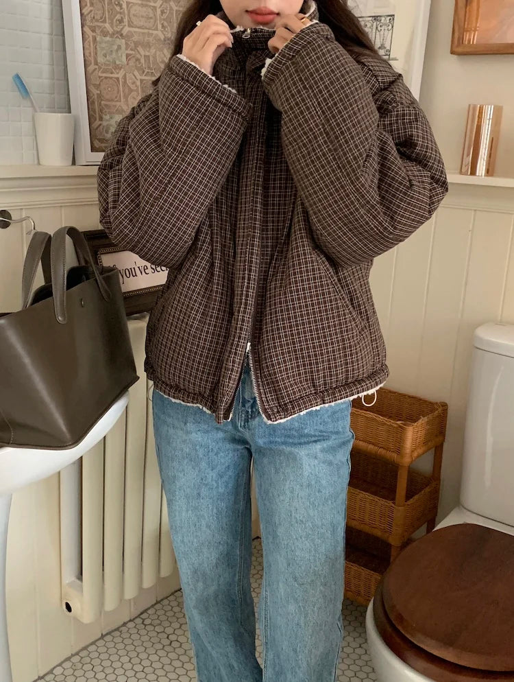 LIZAKOSHT  -  Retro Winter Cotton Jaet Women's Loose Long Sve Stand Collar Cheered Warm Coat Casual Versatile Two-Sided Wear