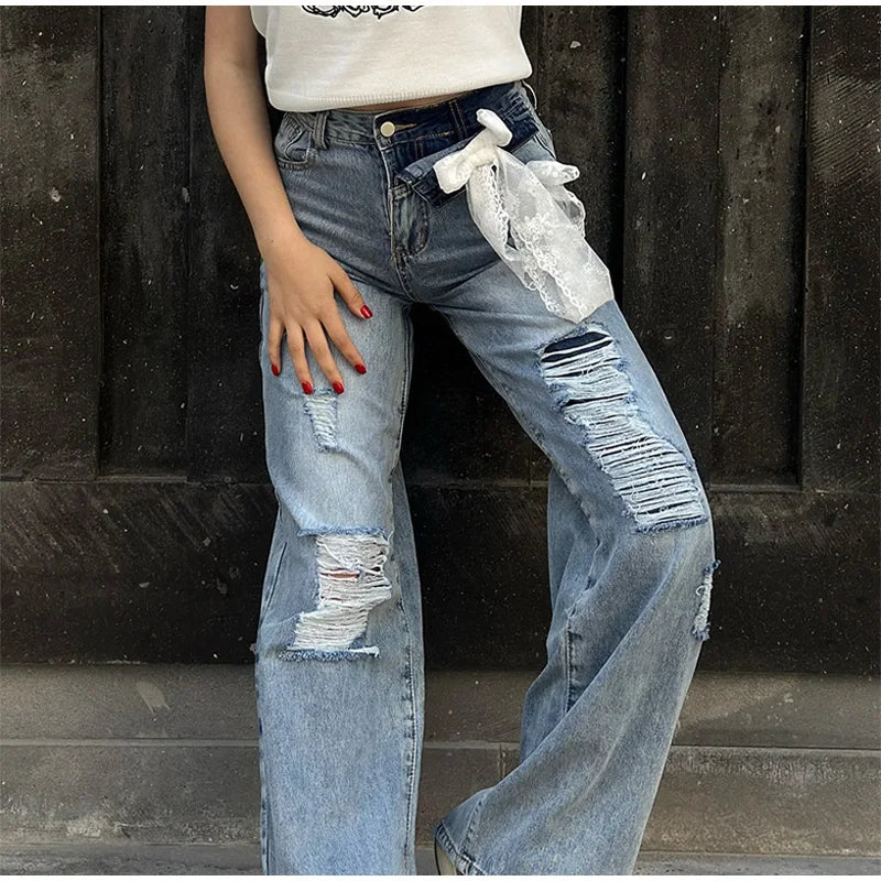 LIZAKOSHT  -  Y2k Bow Lace Ripped Holes Woman's Denim Pants Baggy Wide Leg Jeans Dragging Hollow Out Fashion Chic Casual High Street Pants