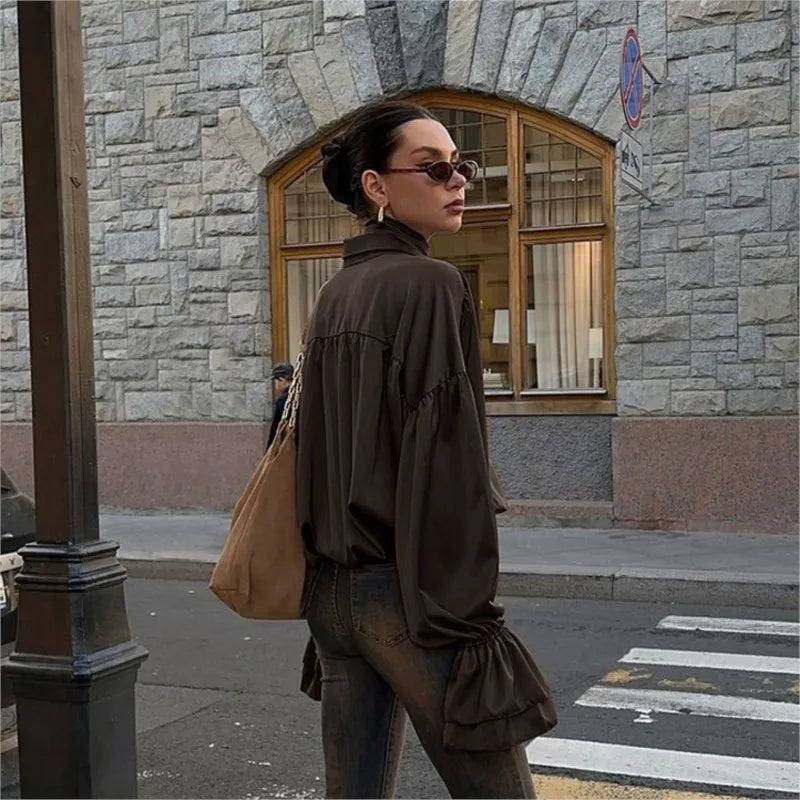 LIZAKOSHT  -  Retro Brown Shirt For Women 2025 New Summer Casual Solid Loose Single Breasted Blouse Simple Turn-down Collar Long Sleeve Shirts