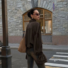 LIZAKOSHT  -  Retro Brown Shirt For Women 2025 New Summer Casual Solid Loose Single Breasted Blouse Simple Turn-down Collar Long Sleeve Shirts