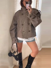 LIZAKOSHT  -  Vintage Women Stand Collar Plaid Coat Long Sleeve Double Button Pockets Thick Cropped Jacket 2025 Autumn Winter Lady Outwear