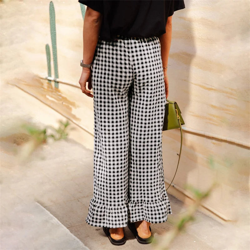 LIZAKOSHT  -  Plaid Print Pants Women y2k Clothes Elastic Waist Wide Leg Loose Ruffle Hem Trousers Summer Clothing 2000s Streetwear