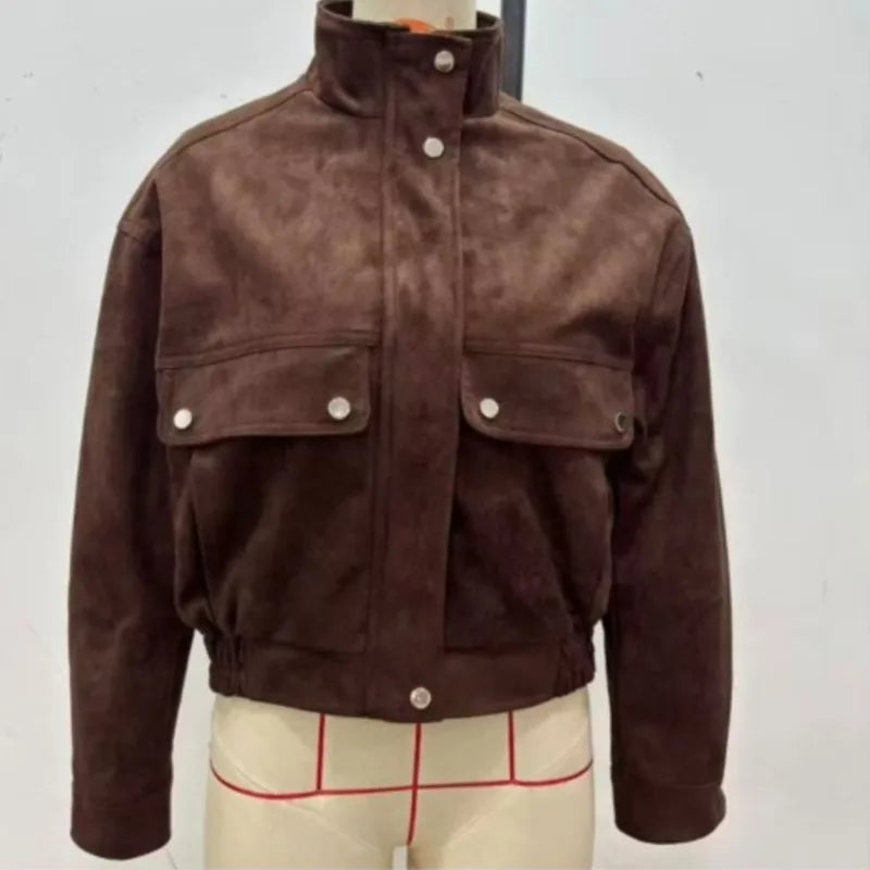 LIZAKOSHT  -  Vintage Suede Bomber Jacket For Women Brown Short Coat High Collar Long Sleeves With Pockets Overcoat New Autumn Winter