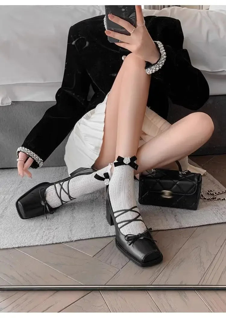 LIZAKOSHT  -  Mary Jane Flat Heels Retro Style Women's Shoes Spring Autumn Sweet Cool Butterfly Knot High Heels Comfortable Rubber
