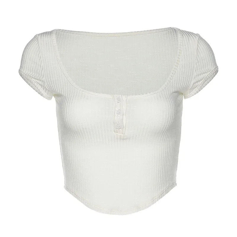 LIZAKOSHT  -  Fashion Summer U Neck All Macth Crop Tops Y2k Aesthetic Solid Simple Euramerican Office Lady Women Clothes Harajuku Punk Tees