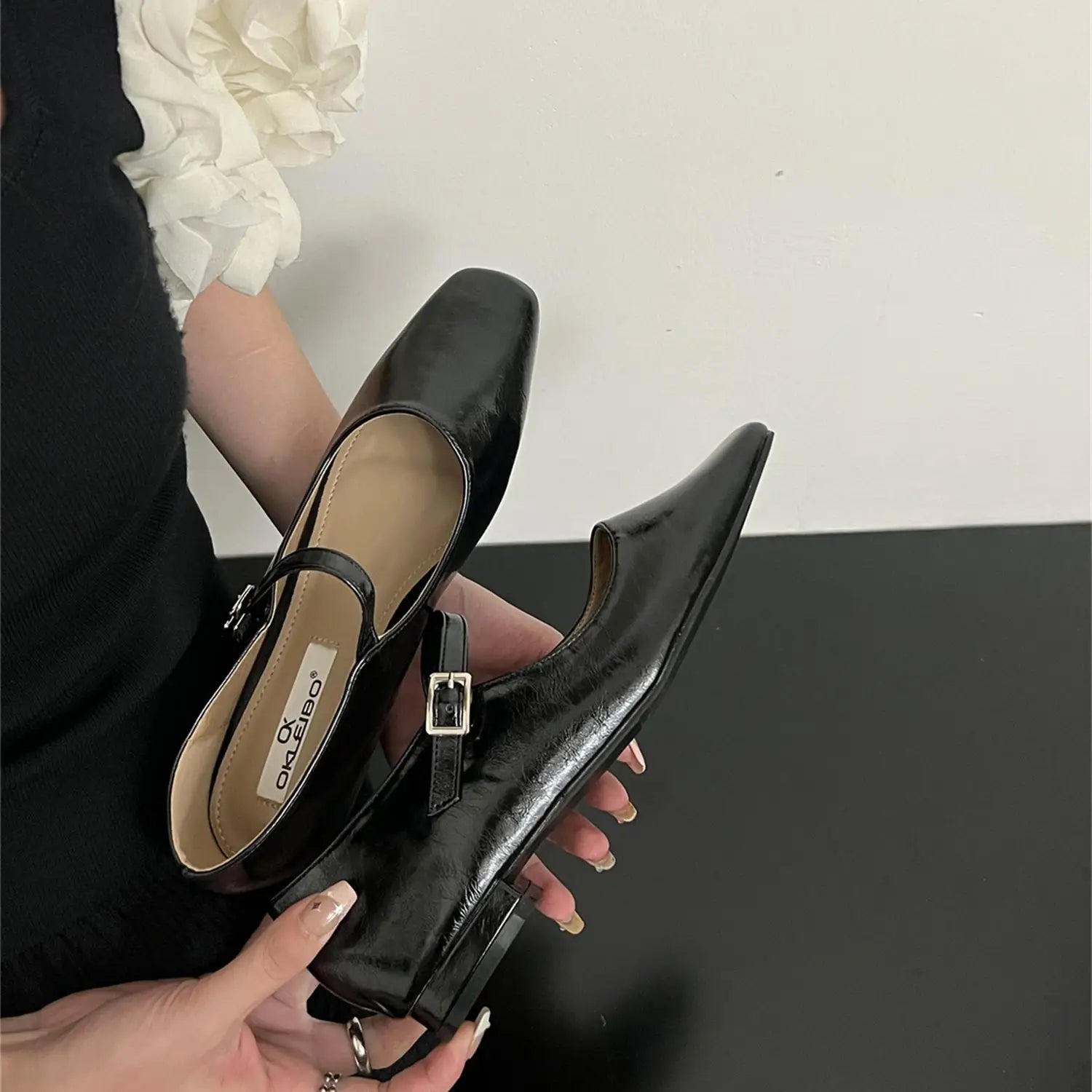 LIZAKOSHT -  Silver Ballerina Shoes Woman Belt Strap Mary Janes Lolita Square Toe Flats OL Ladies Dress Mocasines Brides Wedding Ballets