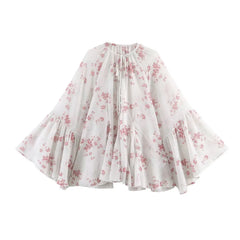 LIZAKOSHT  -  Spring Summer White Pink Floral Print Flare Cuff Long Sleeve Pullover Shirt Women Bow O Collar Loose Short Blouses Femme Tops