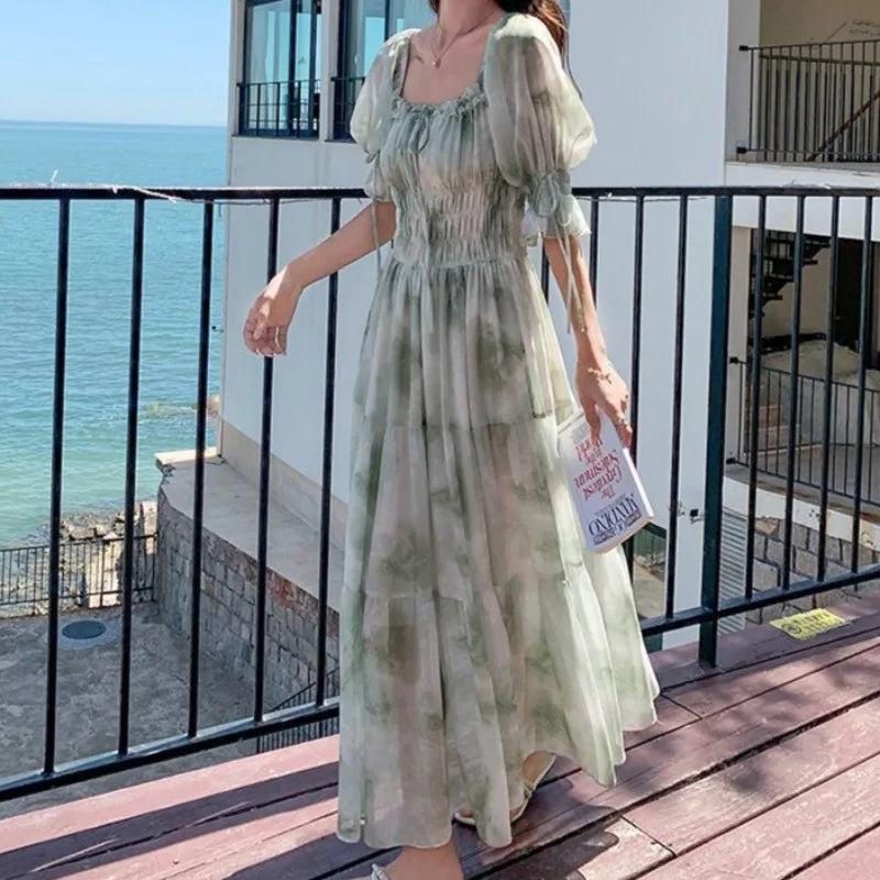 LIZAKOSHT  -  Green Woman Dresses Square Neck Elegant Spring Summer Vestidos Mujer Puff Sleeve Beach Style Retro Long Dress