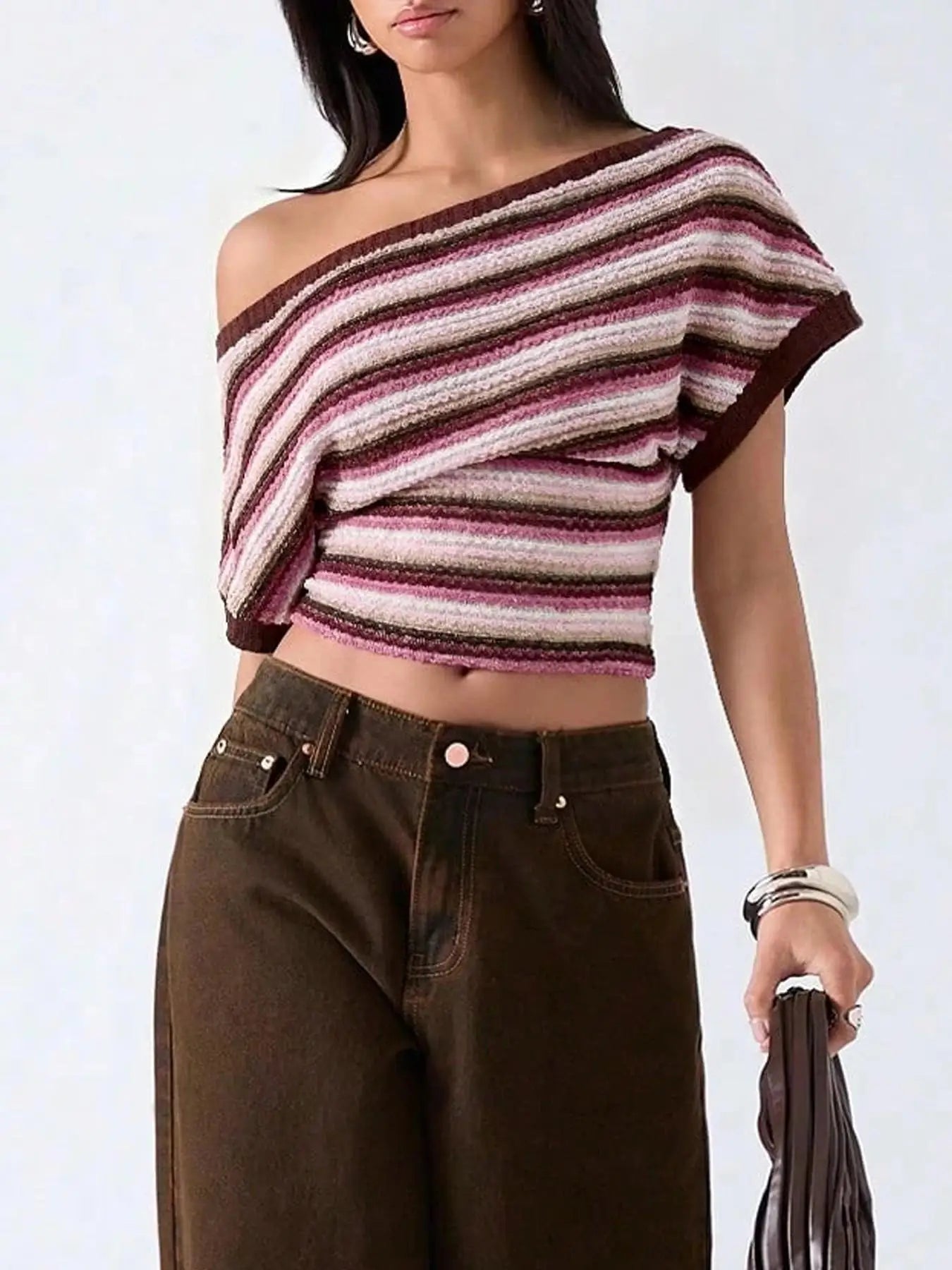 LIZAKOSHT  -  Colorful Bohemian Y2K Spicy Retro Hollow Knitted T-Shirt Asymmetrical Shoulder Line Batswing Sleeve Waist Cinched Top