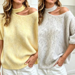 LIZAKOSHT  -  Women Vintage Fluffy Asymmetrical Cold Shoulder Knit Top Hollow Choker Neck Loose Casual French Daily Sweater Blouse