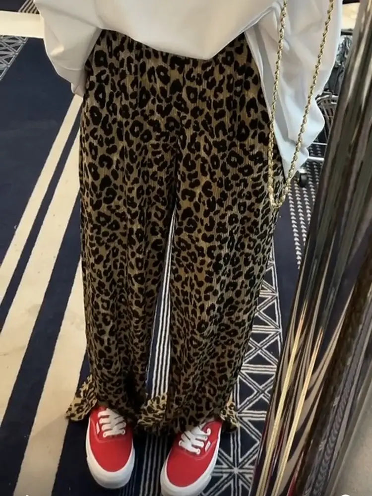 LIZAKOSHT  -  Leopard Print Slit High Waist Wide Leg Pants Fashion Street Loose Casual Pants Retro All-match Trousers Streetwear Women