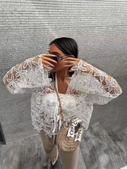 LIZAKOSHT  -  Cute Women's V-Neck Long Sleeve Cardigan Summer Sunscreen Casual White Color Versatile Hollow Lace-Up Design
