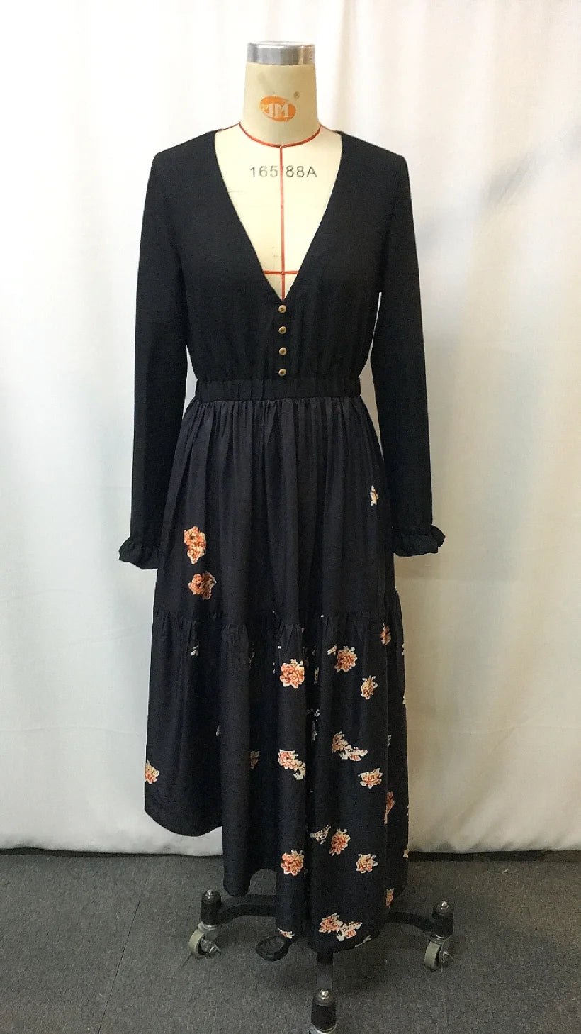 LIZAKOSHT  -  Western Cowgirl Floral Vintage Dress - Ethnic Print Lace-Up Boho Chic Women's Party Dress with Ruffled Hem & Puffed Sleeves