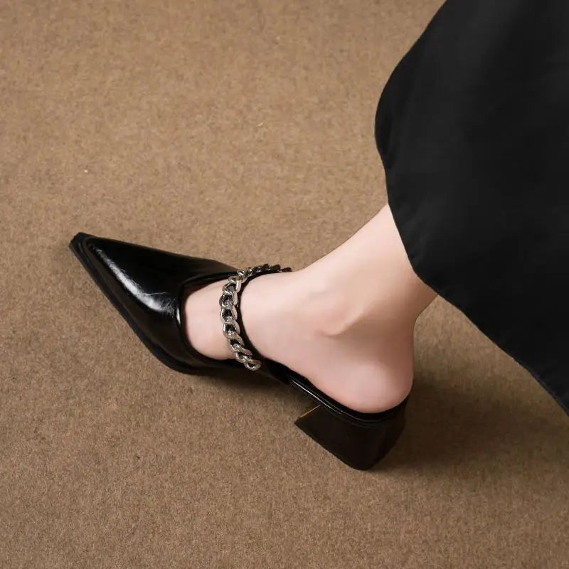 LIZAKOSHT  -  Womens Slippers Summer Baotou Sandals Pointed Toe Shallow Mouth Metal Chain One Slip Strap Anti-slip Outer Wear Square HighHeels
