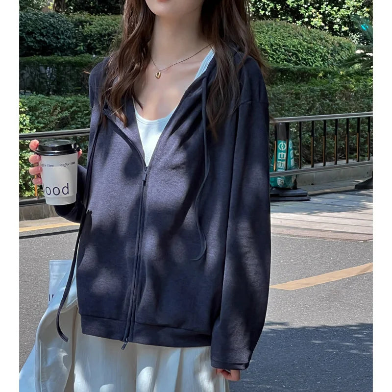 LIZAKOSHT  -  Zip Up Solid Drawstring Hoodie Sweatshirts Double Zip Women Autumn Pockets Oversized Outerwear Sporty Korean Sweatshirts Coat