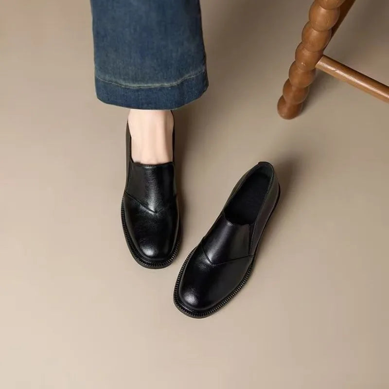 LIZAKOSHT  -  NEW Spring Women Loafers Split Leather Women Shoes Round Toe Chunky Heel Shoes Concise Slip-on Daily Ladies Shoes