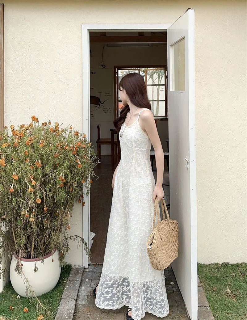 LIZAKOSHT  -  Adjustable Strap Embroidered Dress Women White Sweet Slim Blackless Camis Dress Sexy Off Shoulder Vacation Beach Party Vestidos