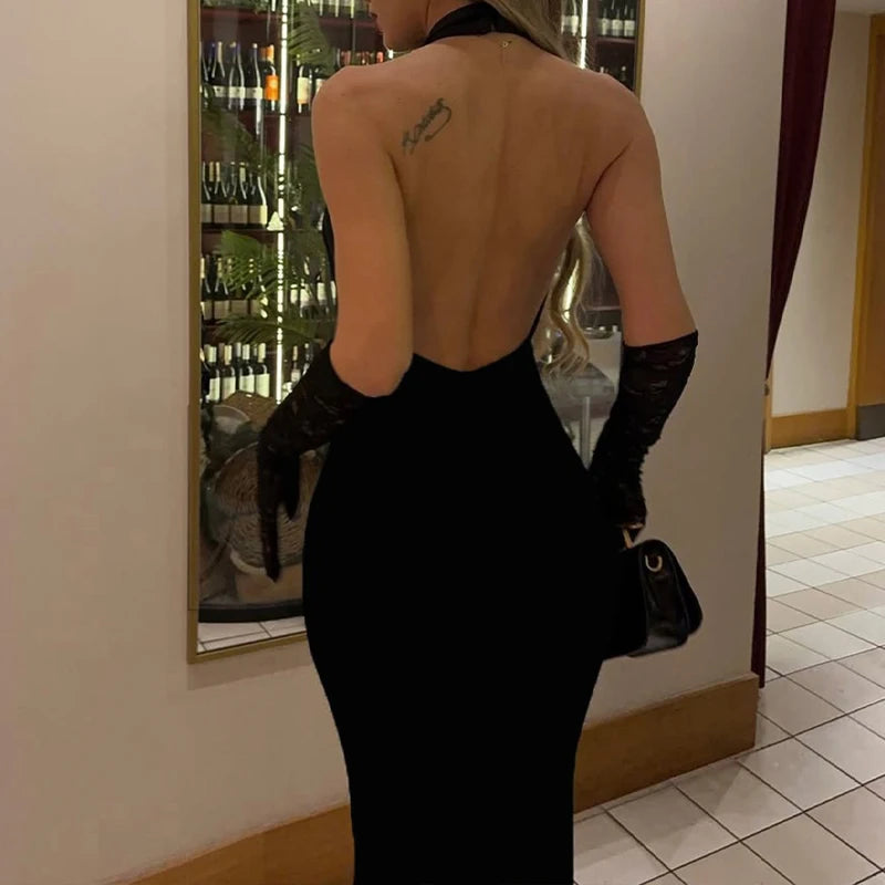 LIZAKOSHT  -  2025 Ladies Classic Backless Hanging Neck Off-shoulder Fashion Sexy Bodycon Package Hip Split Hem Maxi Dress Party Clothing