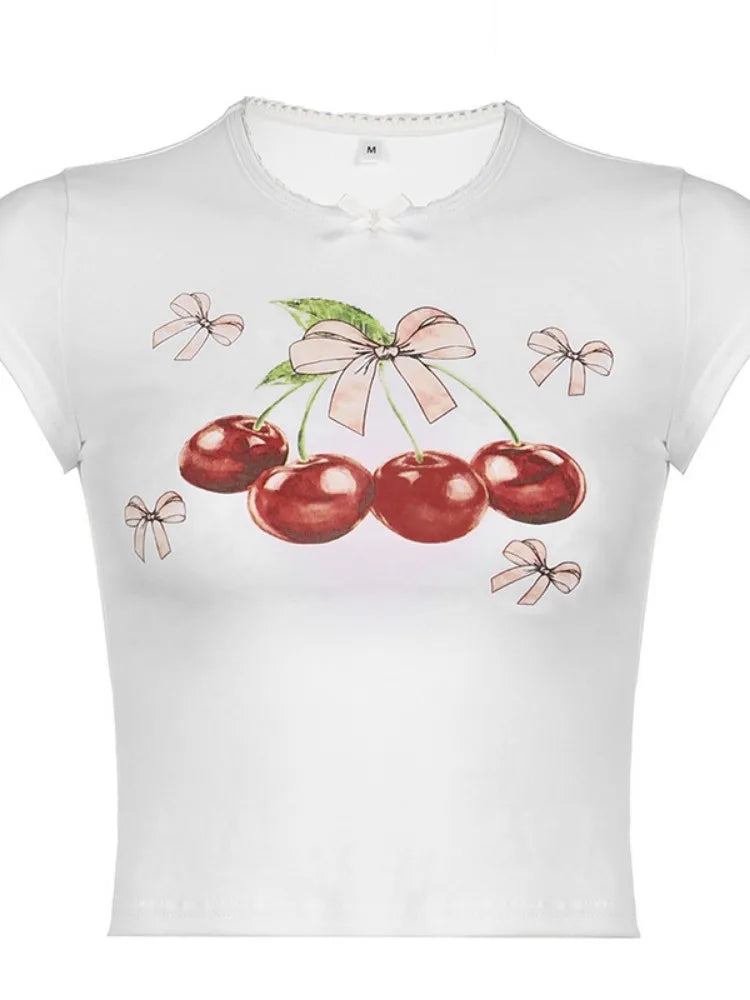 LIZAKOSHT  -  Y2k Aesthetic Vintage Summer Cherry Print Tees Slim Streetwear Lace Bow Tshirts Women Harajuku Grunge Bottoming Sweet Crop Tops