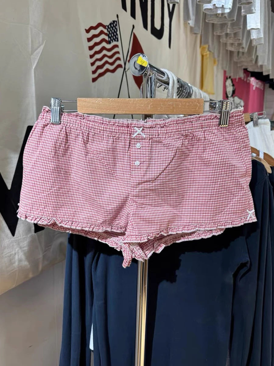 LIZAKOSHT  -  Pink Plaid Ruffles Straight Shorts Women Summer Two Buttons Bows High Waist Short Pant Female Casual Sweet Home Boxer Shorts New