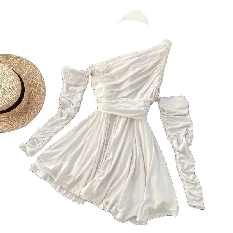 LIZAKOSHT  -  Dress Folds Long Sleeve Party A-Line Dress Women Sexy Slim Waist And Slimming Korean Vintage 2024 New Fashion Women Dress