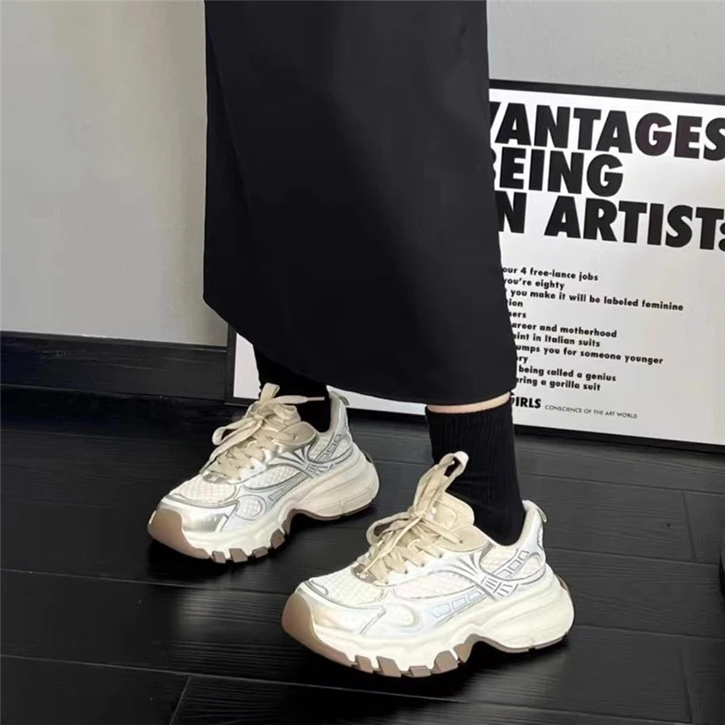 LIZAKOSHT  -  Fashion Design Mixed Color Patchwork Round Toe Women Sneakers Thick Sole Chunky Heels Lace Up Running Trainer New Western Shoes
