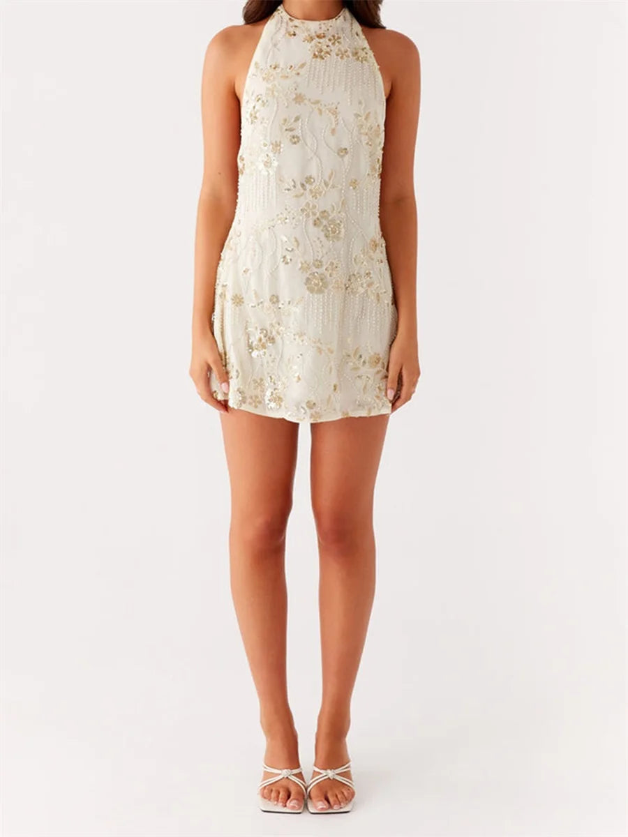 LIZAKOSHT  -  Women s Elegant Sleeveless V-Neck Lace Floral Embroidered Backless  Fit Cocktail Party Mini Dress