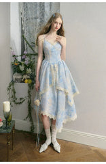 LIZAKOSHT  -  Strap Dress Irregular Floral Blue French Waist Plus Size 2024 Summer New Gentle New Sweet Holiday Dress