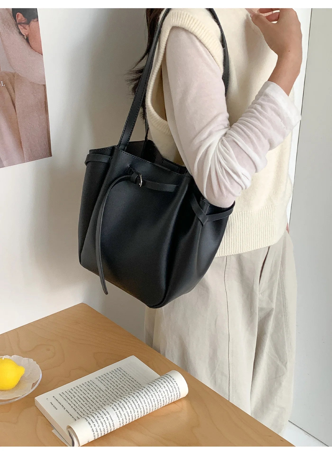LIZAKOSHT  -  Soft PU Large Capacity Tote Bag Women Fashion Korean Style Commuter Shoulder Bag Solid Color Retro Minimalist Handbag