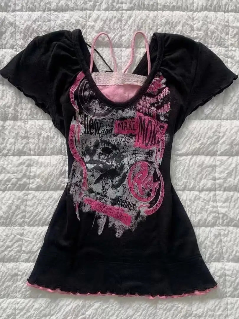 LIZAKOSHT  -  2000s Subculture Vintage Purple Print T-Shirt Women Y2k American Retro Slim Tees Summer 90s Grunge Casual Harajuku Fashion Tops