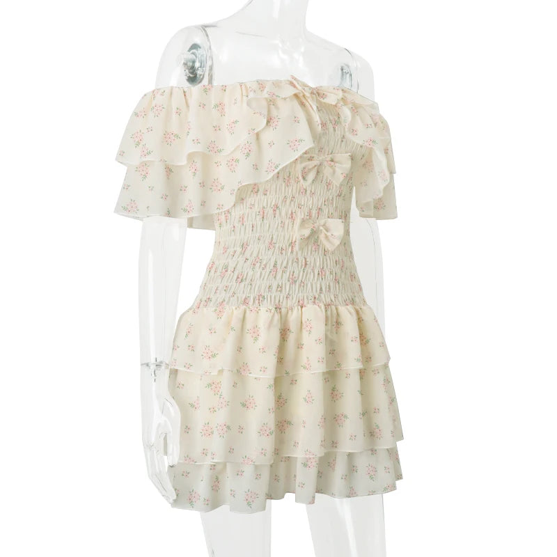 LIZAKOSHT  -  Off Shoulder Sexy Floral Print Mesh Bow Fashion A-line Bodycon Pleated Mini Dress Summer New Sweet Cute Party Vestidos