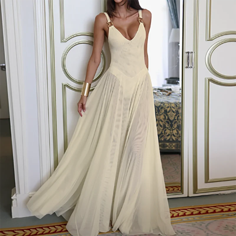 LIZAKOSHT  -  Fashion Women V Neck Solid Mesh Evening Dress Sexy Hollow Sleeveless Pleated Suspender Dress Summer Vacation Swing Long Dresses