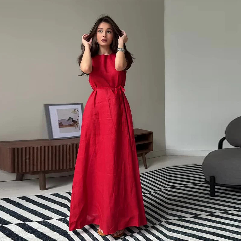 LIZAKOSHT  -  Lace Up Sleeveless Maxi Dresses Woman Cotton Linen Loose  O-neck Long Dress Ladies Casual Solid Colors Summer Office Robe
