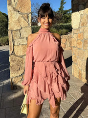 LIZAKOSHT  -  Fashion Hollow Out Puff Sleeve Women's Dresses Pleated Tassel Hem Short Dresses New Casual Round Neck Elegant Women Dress