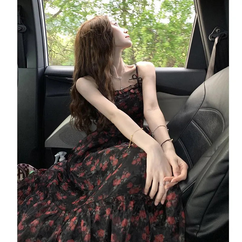 LIZAKOSHT  -  Summer Black Slip Dress Off Shoulder Printing Patchwork Midi Dresses  Temperament Women Clothing Floral Holiday Beach Dress