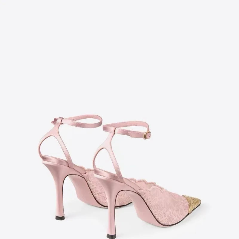 LIZAKOSHT  -  Summer New Lace Embroidered Net Head Cover Sandals Women's Thin Heel Pointed Toe Sexy Color Block Shoes Silk Velvet Slip-On