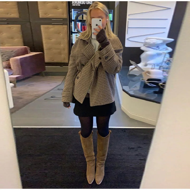 LIZAKOSHT  -  Vintage Women Stand Collar Plaid Coat Long Sleeve Double Button Pockets Thick Cropped Jacket 2025 Autumn Winter Lady Outwear