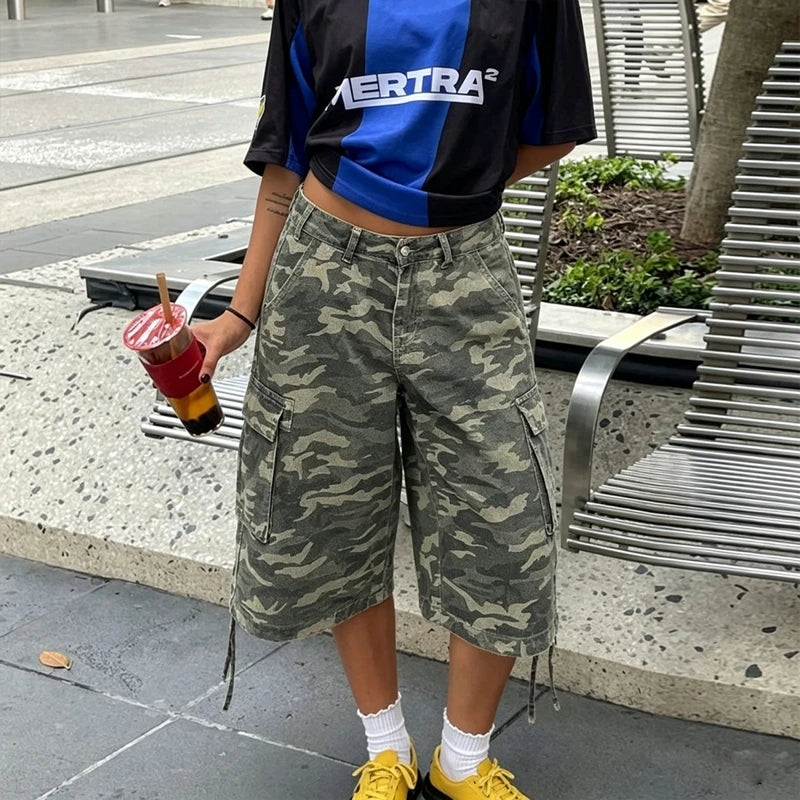 LIZAKOSHT  -  American Retro Cargo Bermuda Shorts Loose Knee Length Denim Shorts with Drawstring Y2K Aesthetic Grunge Women Jorts