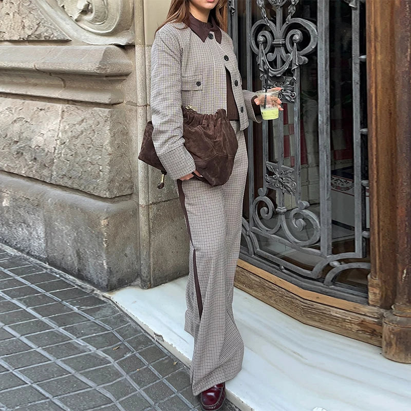 LIZAKOSHT  -  Plaid Short Jacket Pleated Skirt Set Women Chic Street Patchwork Collar Jackets Straight Pant 3 Piece Sets Lady Spring Outfit