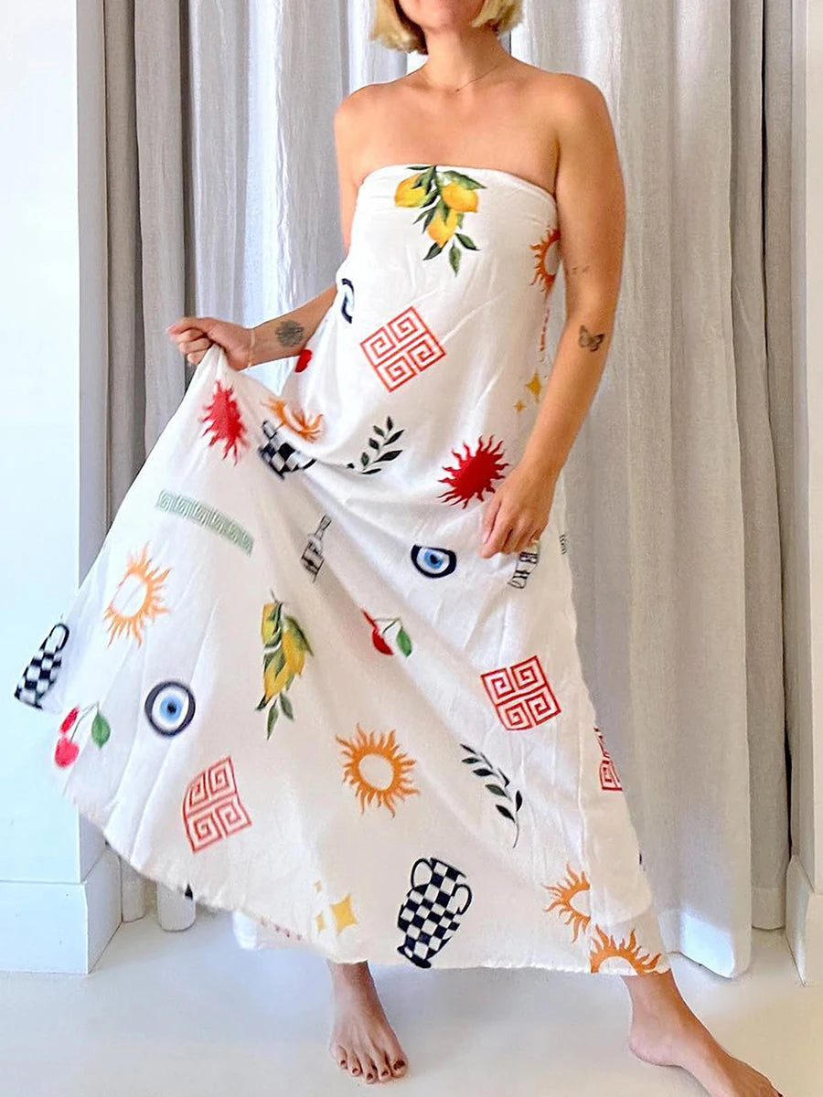 LIZAKOSHT  -  Women Graphic Strapless Long Tube Dress Vintage Off Shoulder Backless Maxi Dress Flowy Summer Holiday Beach A-line Dress
