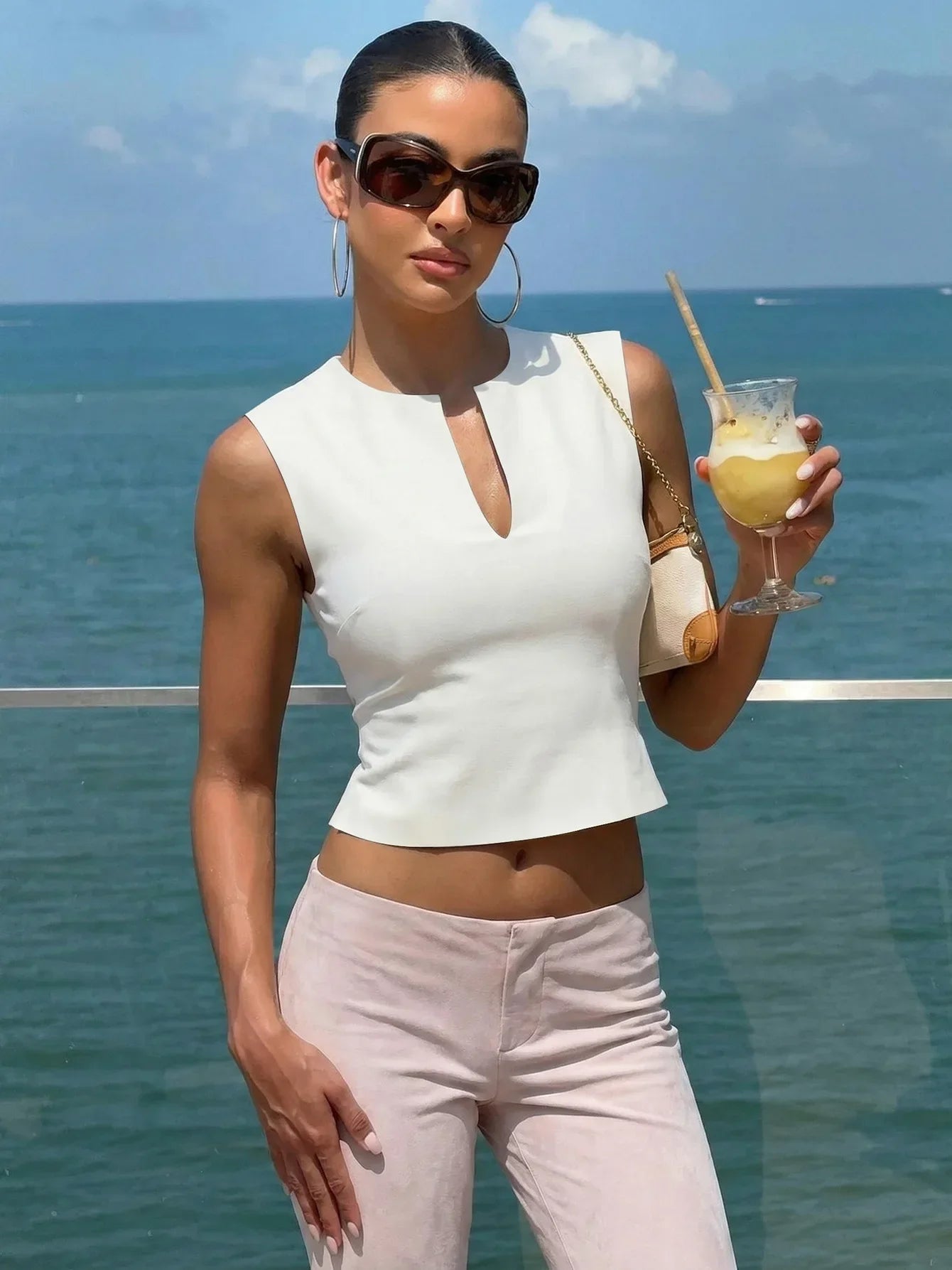 LIZAKOSHT  -  Women Fashion Hollow Out V Collar Short Tops Chic Sleeveless Solid Color High Waist Elegant Blouse Lady Commute New Vests