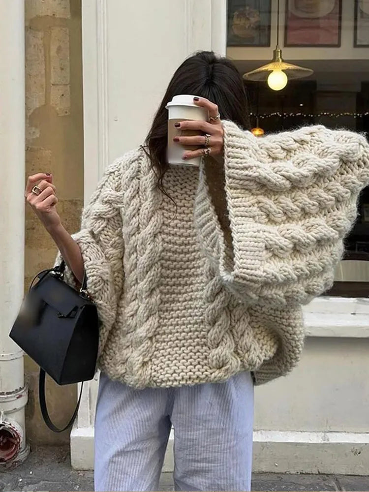 LIZAKOSHT  -  Chic Elegant Women's Fried Dough Twists Sweater Casual Fashion Long Wide Sleeved Thicken Jumper Female Autumn Warm Knitwear