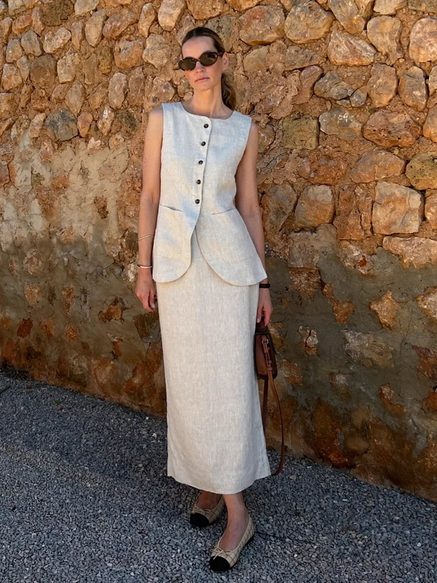 LIZAKOSHT  -  Women's Sleeveless Vest High Waisted Skirt 2-Piece Set Spring Summer New Linen Casual Suit Fashion Office Lady Vest Set