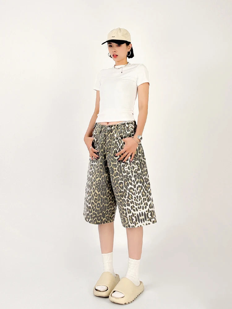 LIZAKOSHT  -  New Summer American Retro Leopard Pattern Jeans Women's Shorts Loose Versatile Straight Leg Denim Pants
