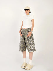 LIZAKOSHT  -  New Summer American Retro Leopard Pattern Jeans Women's Shorts Loose Versatile Straight Leg Denim Pants