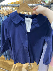 LIZAKOSHT  -  Navy Half Sleeve Slim T-shirt Autumn Peter pan Collar Single Breasted Cotton Tshirt Female Sweet Cute Preppy Style Woman's tee