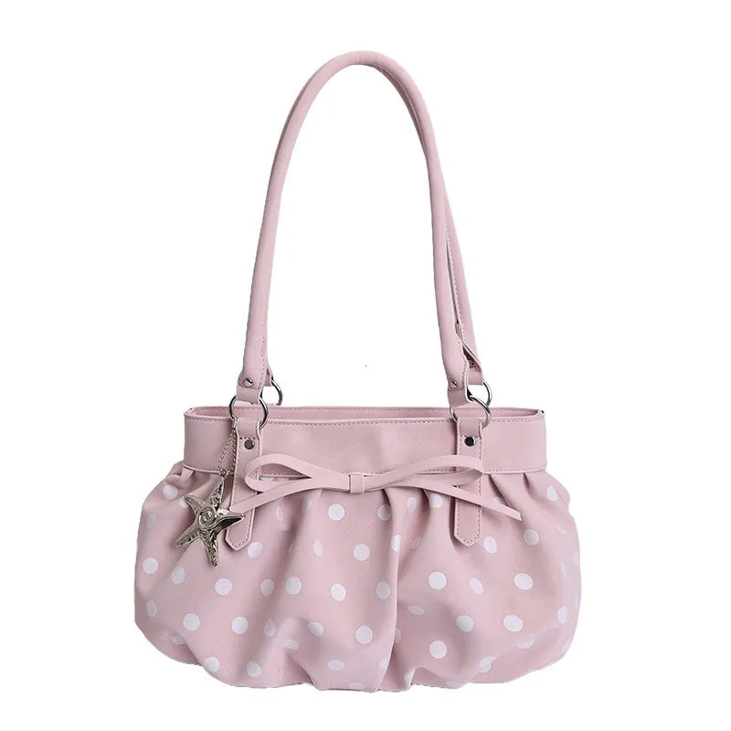LIZAKOSHT  -  Polka Dot Ruched Shoulder Bag With Star Pendant Women Bow Decor Large Capacity Hobo Bag Retro Versatile Handbag For Daily Commut